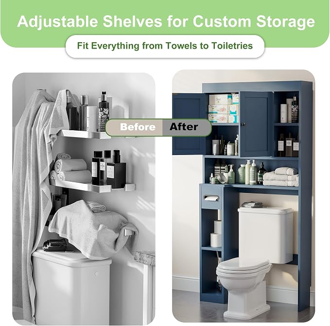 Over The Toilet Storage Cabinet with 7 Shelves, Imitation Walnut Grain Above Toilet Bathroom Organizer with Toilet Paper Holder Stand, Space Saver for Restroom, Laundry, Bathroom (Navy Blue) - Image 5