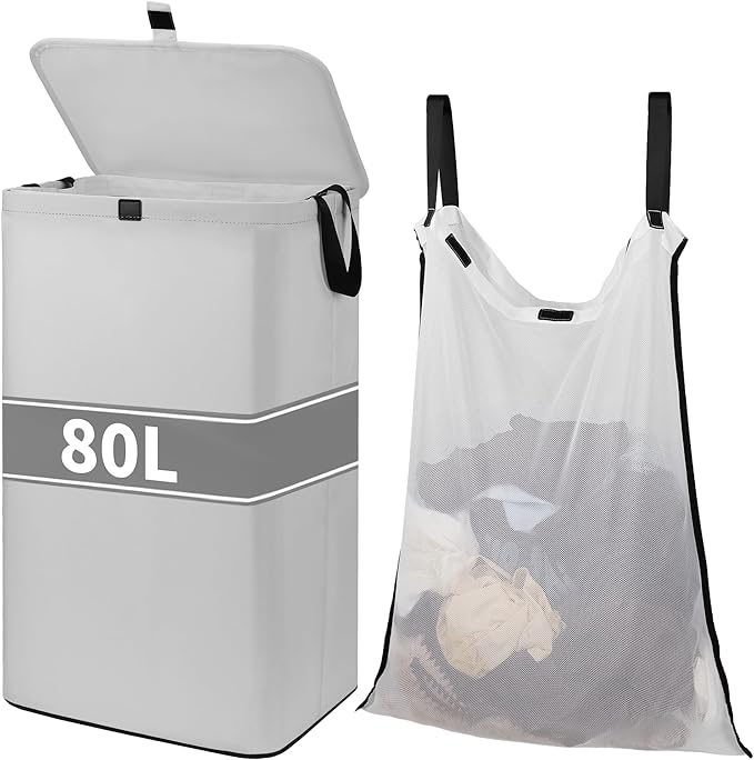 80L Large Laundry Hamper with Lid, Foldable Laundry Bag for Washing Machine with Removable Inner Bag, Dirty Hampers for Bedroom, Bathroom,Laundry Room, College (White) by OutdoorChair