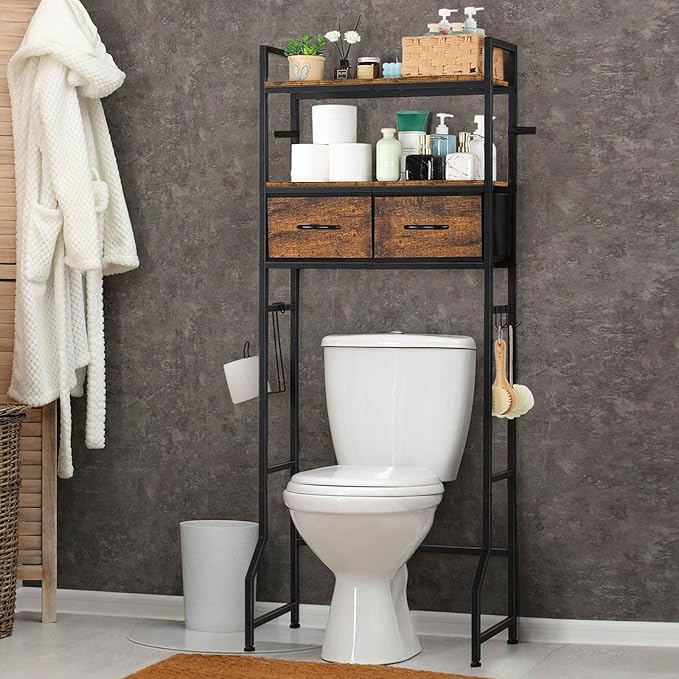 YBING Over The Toilet Bathroom Storage Cabinet for Freestanding, Above Toilet Shelf with Fabric Drawer, Tall Bathroom Shelf Organizer with Toilet Paper Holder, Brown by YBING