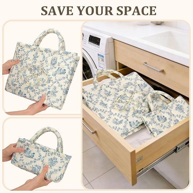 Fabric Storage Basket 2 Pack,Large and Mini Boho Laundry Nursery Hamper Portable Folding Organizer for Car Bedroom (Blue Vine) - Image 6