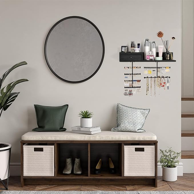 VINAEMO Jewelry Organizer Hanging Wall Mounted Jewelry Holder with Rustic Wood Drawer & Large Capacity Storage Shelf Rack Display for Earrings Rings Necklaces Bracelet(Black) - Image 2