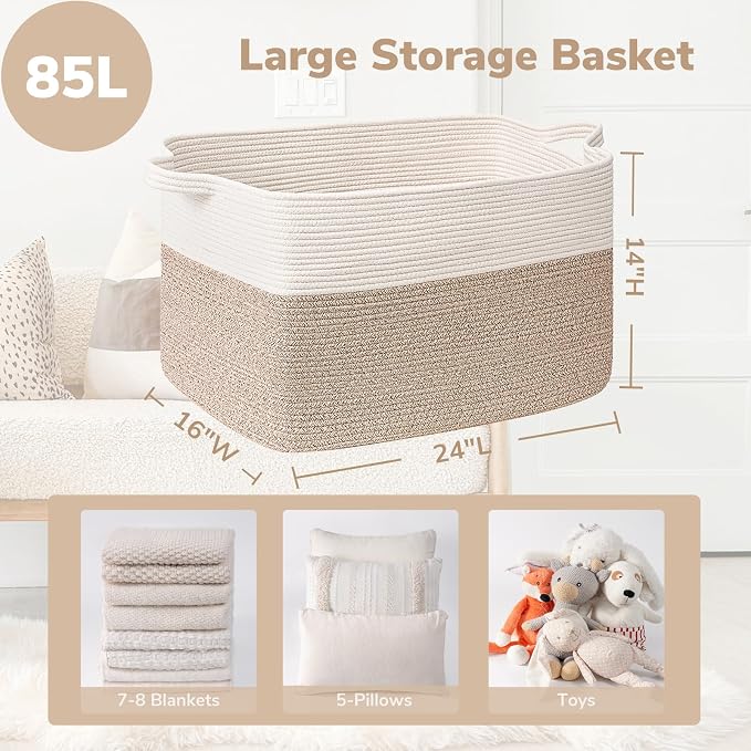Goodpick 85L Large Woven Rope Blanket Basket, White & Light Brown - Image 3