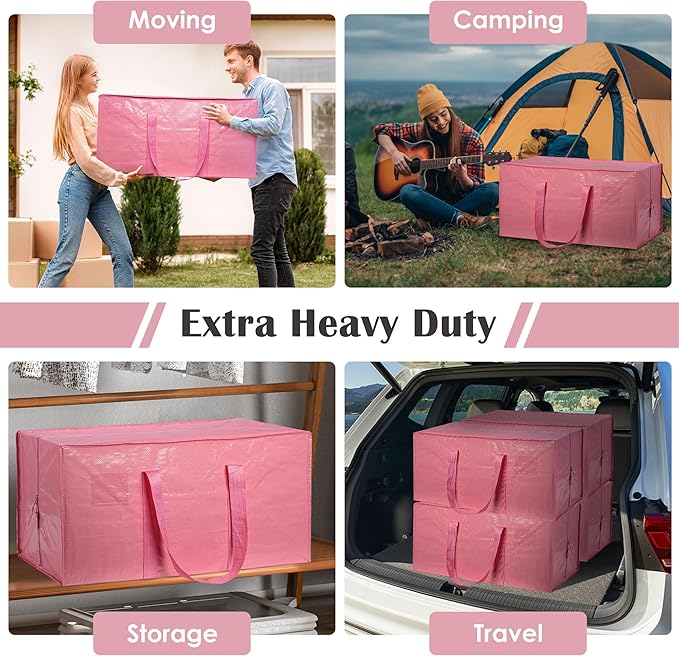 12 Pack Moving Bags with Full-Open Side Zipper, Extra Large 93L Heavy Duty Waterproof Foldable Storage Totes for College Dorm, Moving & Home Organization Pink - Image 8