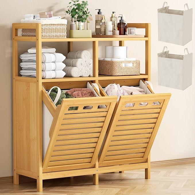 Homykic Tilt Out Laundry Hamper Cabinet, Bamboo Laundry Basket Organizer by Homykic