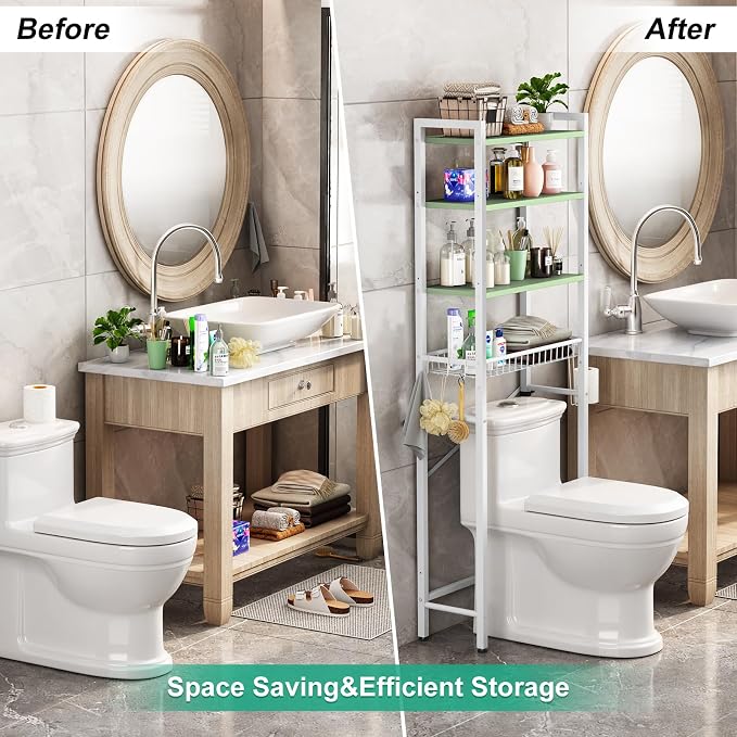 Kalrin Over-The-Toilet Storage Rack, 4-Tier Bathroom Organizer Shelf Over Toilet with Adjustable Shelf and Basket, Freestanding Space Saver Bathroom Shelves Above Toilet for Room (Avocado Green) - Image 4