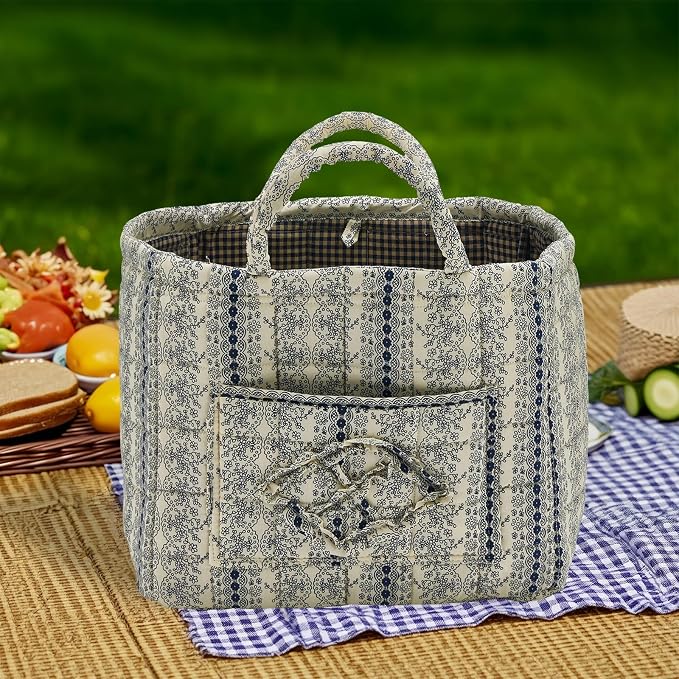 Quilted Fabric Storage Basket with Handles & Pocket, Foldable Laundry Hamper Boho Floral Print Organizer Bin for Home, Picnic, Office 12"x10"x10" (B-4) - Image 2