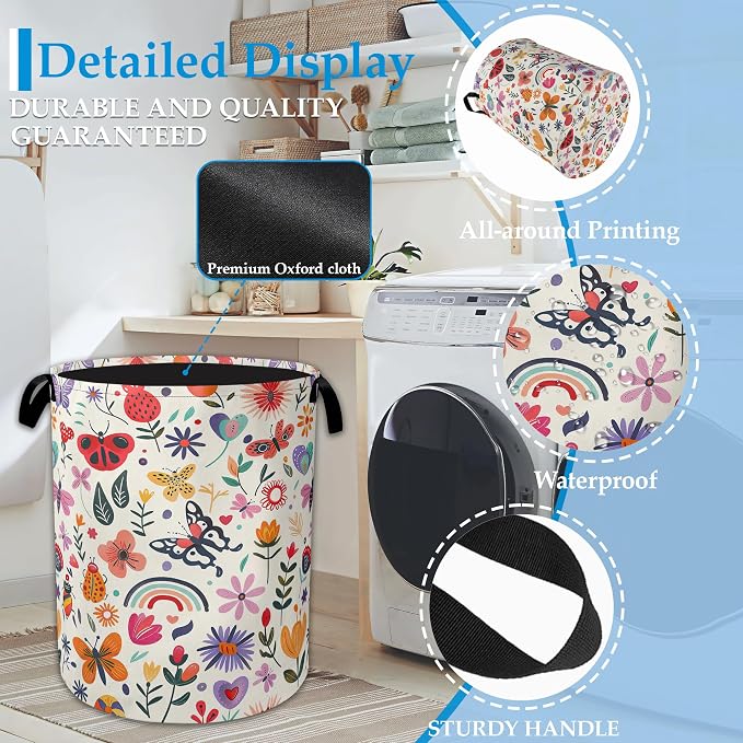 Colorful Butterfly Flowers Laundry Basket Collapsible Laundry Hamper Clothes Storage Bin for Bathroom Bedroom Room Decor 16" X 20.8" - Image 3