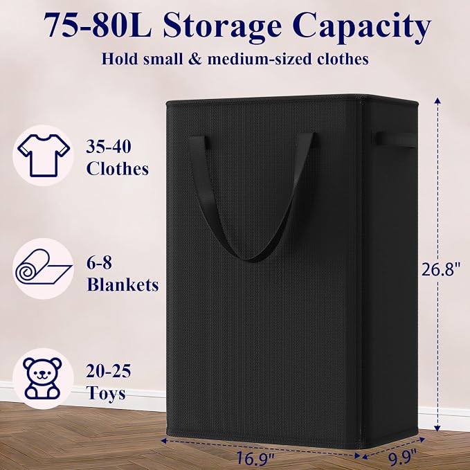 Optish 75L Slim Laundry Hamper, Large Laundry Basket With Handles, Black Narrow Laundry Basket for Dorm, Bedroom, Living Room, Collapsible Laundry Hamper - Image 3