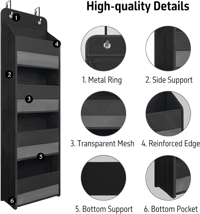 Giraffe Creation Compact Black Over Door Organizer with 4 Large Clear Pockets, Compact Hanging Door Storage for Bathroom, Dorm, Bedroom, Closet, Toiletries - Image 4