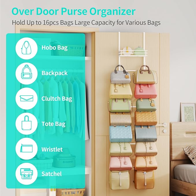HapiRm Over the Door Purse Organizer - Wall Mounted Purse Rack with 16 Hooks and Metal Basket, Hanging Handbag Organizer Holds up to 16 Bags, Bag Rack Can Use As 1/2 Part, for Door, Closet (White) - Image 3