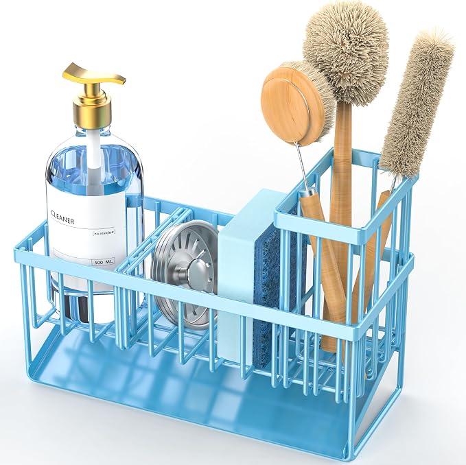 Cisily Blue Kitchen Sink Caddy Organzier with High Brush Holder, Sponge Holder for Sink, 304 Rustproof Stainless, Kitchen Countertop Soap Dispenser Organizer, Blue Home Decor and Accessories - Image 7
