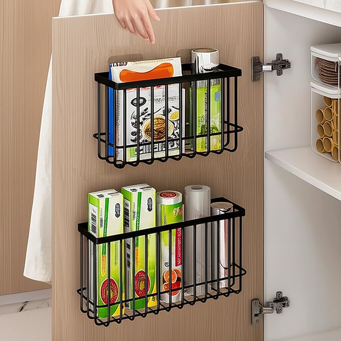 Cabinet Door Organizer Basket 2 Pack, Foil and Plastic Wrap Organizer with 2 Sponges, Lid Organizers Inside Cabinet, Metal Basket for Kitchen Organizers and Storage, Utility, Black (Medium,Large) - Image 9