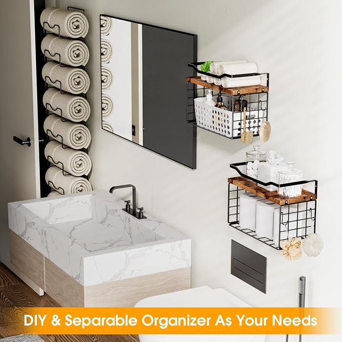 Towel Racks for Bathroom,Towel Rack Wall Mounted, 6 Tier Rolled Or Folded Towel Holder with Floating Shelves, Bathroom Towel Holder for Bath, Hand Towels,Metal and Wood - Image 5