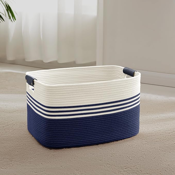 45L Small Woven Laundry Basket Hamper with Leather Handles,Navy by SunNewt