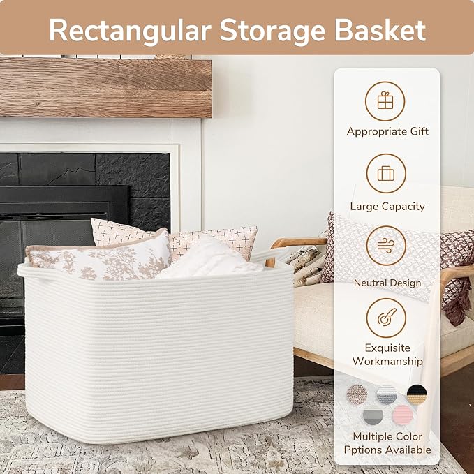 Goodpick 105L Extra Large Woven Rope Blanket Basket, Rectangle, White - Image 7