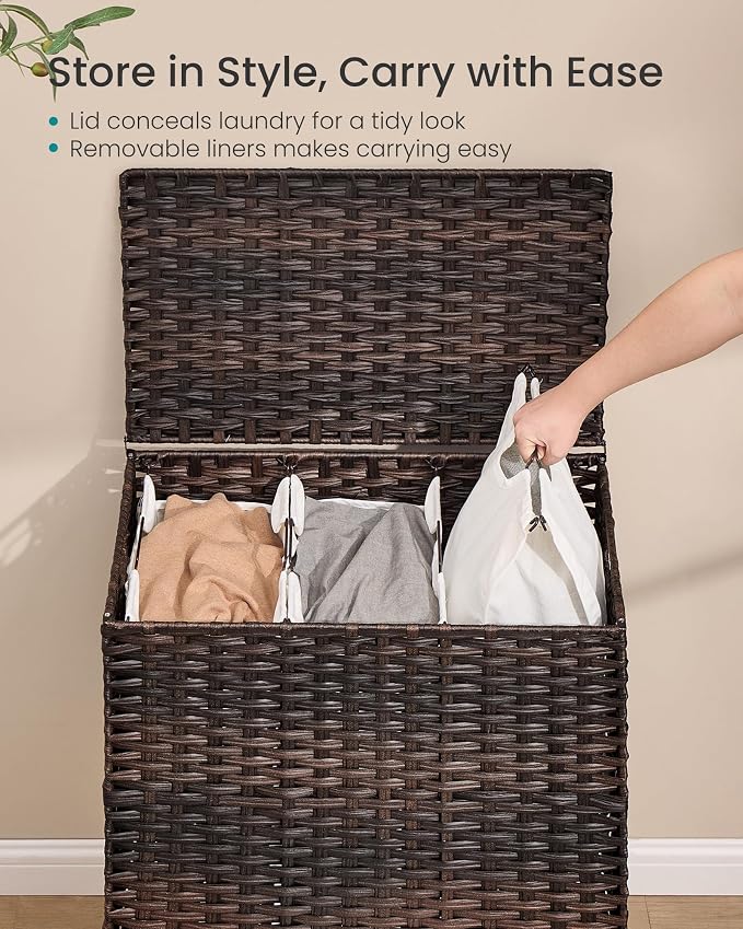SONGMICS 3-Section Laundry Hamper with Lid, PE Rattan, 42 Gallons (160 L) - Image 4
