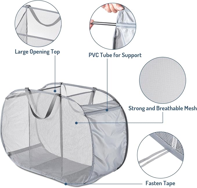 Seiritex Mesh Popup Laundry Hamper 3 Compartment Sortable Horizontal Collapsible Laundry Basket for Clothes Laundry Room Bedroom Toys Travel (Gray) - Image 5