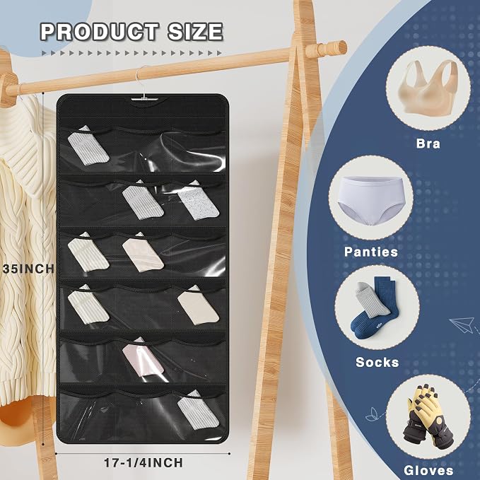 26-Pocket Hanging Closet Organizer for Socks and Underwear, Black - Image 5