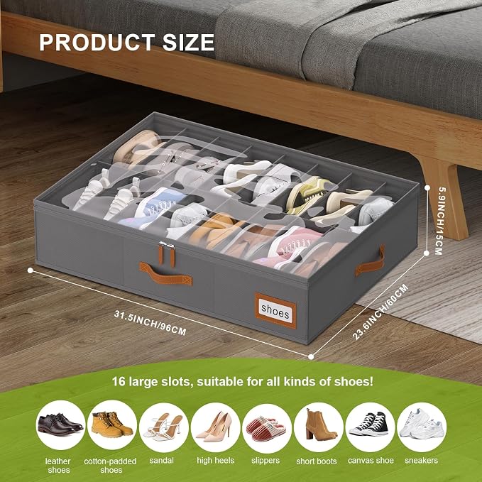 homyfort Shoe Organizer Under Bed, Fits 32 Pairs, Under bed Shoe Storage Boxes with Study Handles and Clear Cover, zapateras organizer for shoes, set of 2 - Image 2