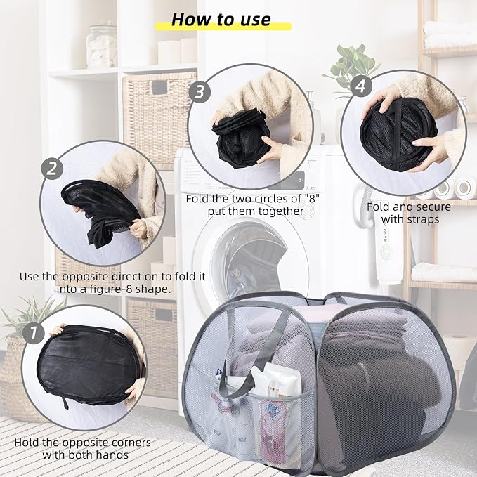 Collapsible Laundry Basket, 90L Mesh Pop-up Hamper with Handles - Image 7