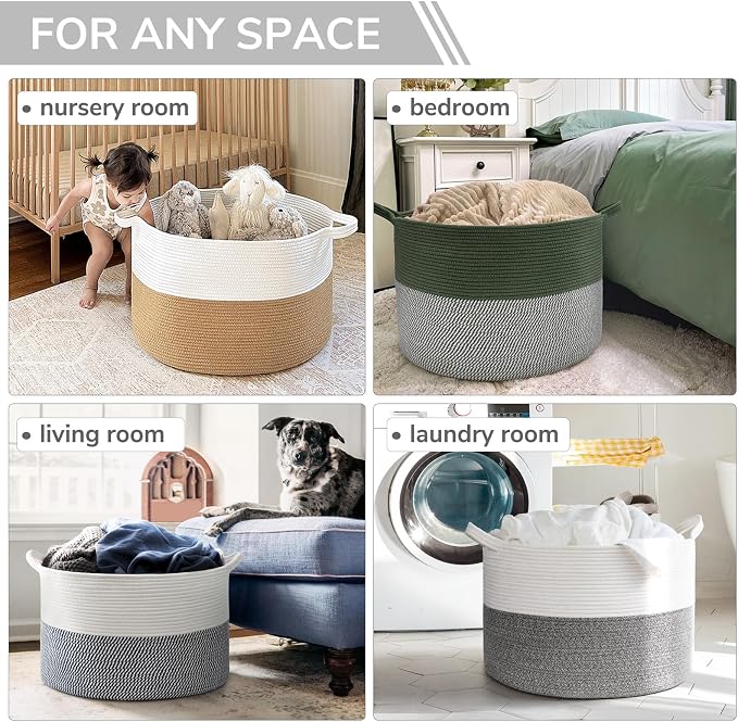 INDRESSME XXXLarge Woven Rope Blanket Basket Living Room Light Grey, 90L - Image 5