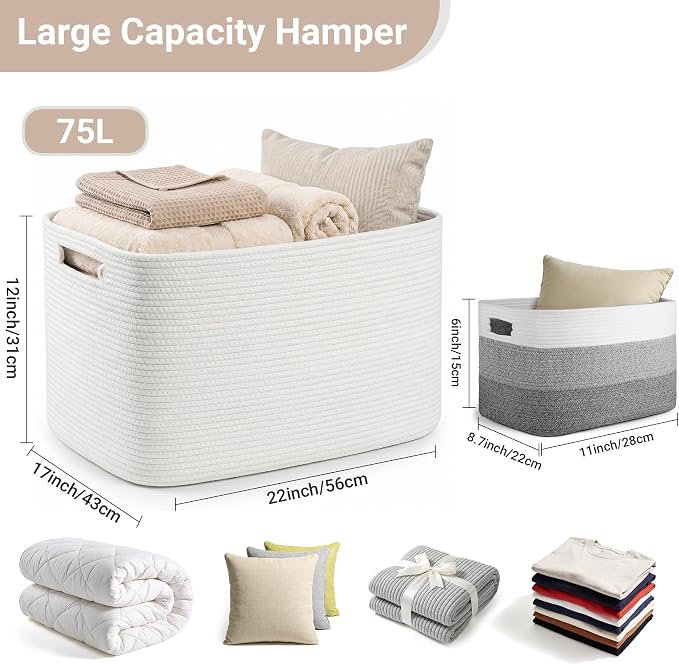 Large Laundry Basket/Hamper, 22"x17"x12", White - Image 2