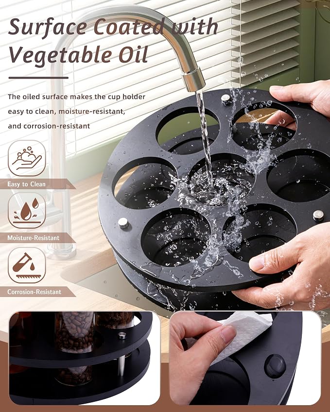 Rotating Wood Tumbler Organizer, 30 oz 40 oz Spinning Turnable Tumblers Holder, 360° Rotatable 7 Large Cups Bottle Tumbler Storage Display Stand, Rotate Syrup Organizer for Cabinet Countertop（Black） - Image 5