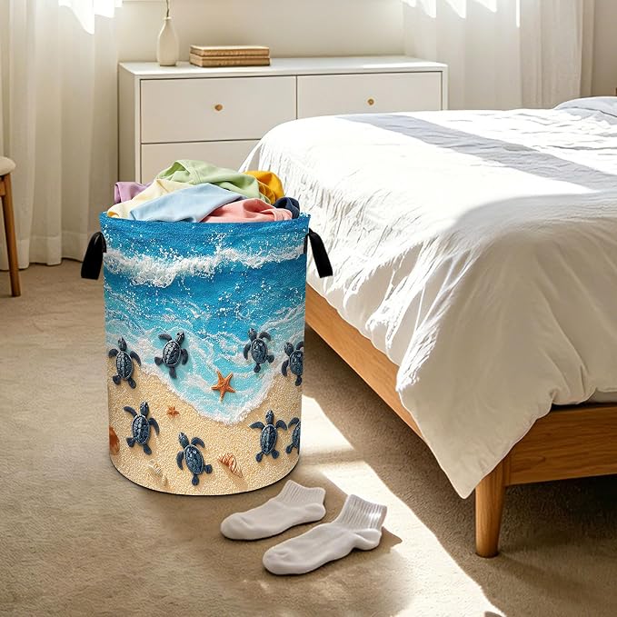 Sea turtles Waves Laundry Basket Foldable Laundry Hamper With Handles Clothes Storage Bucket Organizer Laundry Bag For Bedroom Bathroom Laundry Storage 19.6 x 15.7 - Image 6