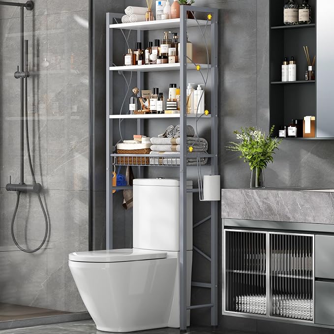 Over-The-Toilet Storage Rack, 4-Tier Bathroom Organizer Shelf Over Toilet with Adjustable Shelf and Basket, Freestanding Space Saver Bathroom Shelves Above Toilet for Room (Gray White) by SalakitaHome