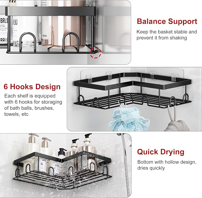 Liuoud Corner Shower Caddy 5 Pack Adhesive Stainless Steel Organizer Black - Image 8