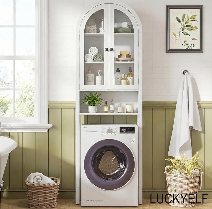 Arched Over The Toilet Storage Cabinet with Acrylic Doors, 4 Tier Small Bathroom Shelf Organizer, Arched Bathroom Cabinet with Adjustable Shelf, Slim Narrow Toilet Rack, Wood, White - Image 7