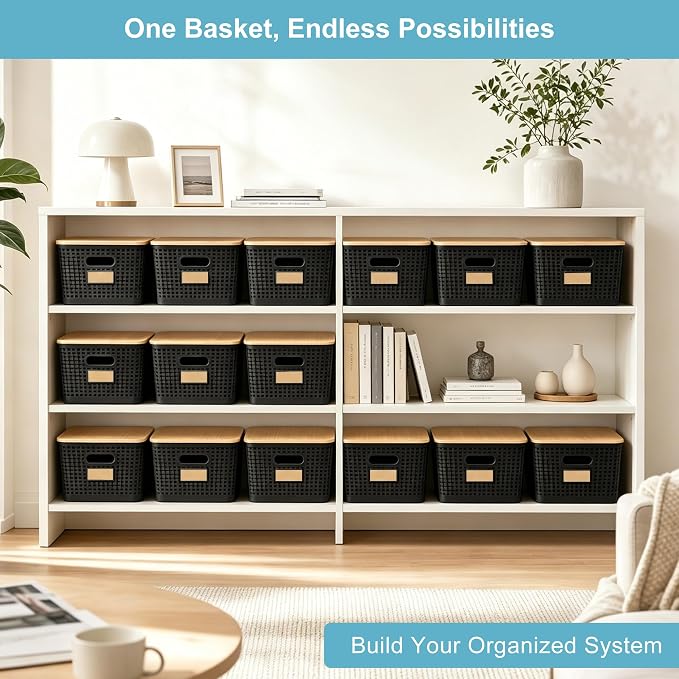 Bagnizer 2 Pack Tall Plastic Storage Bins with Bamboo Lids, 10.8qt Stackable Storages Baskets for Organizing Desktop Closet Playroom Classroom Office, 12"L x 8.3"W x 6.1"H, Black - Image 6