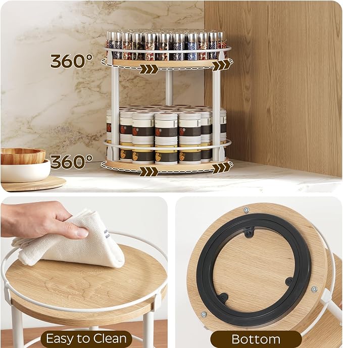 YATINEY Lazy Susan Organizer, Rotating Spice Rack, 2 Tier Spice Turntable Organizer, Industrial Turntable Spice Holder, for Kitchen Countertop, Compact and Versatile, White and Natural SR22WN - Image 6