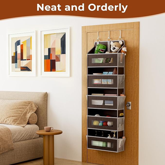 2 Pack 5 Tier Over the Door Organizer Space-Saving Storage for Any Room | Brown Hanging Closet Organizer with 10 Mesh Pockets and Clear Windows, Closet Organizers and Storage for Bathroom, Bedroom - Image 5