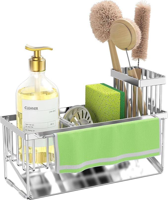 Cisily Kitchen Sink Caddy Organzier with High Brush Holder, Sponge Holder for Sink, 304 Rustproof Stainless, Kitchen Countertop Soap Dispenser Organizer (Silver With Towel Rack, 9.25″) - Image 8