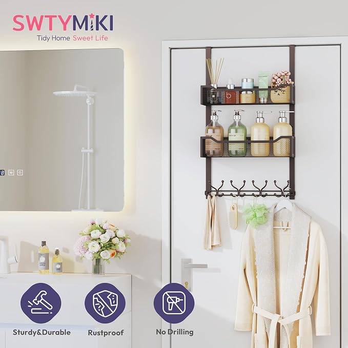SWTYMIKI Over The Door Hooks Organizer - Multi-Functional Door Hanger with 16 Hooks & 2 Mesh Baskets, Long Coat Rack for Bathroom, Bedroom, Living Room, Home Storage Organizer, Bronze - Image 3