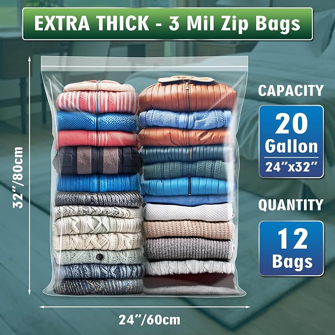 Extra Large 20 Gallon Zippered Plastic Bags for Storage- 24'' x 32'', Ideal for Clothes Clothing, Travel, Moving, 3-mil Extra Thick Clear Plastic, 12 pack - Image 2