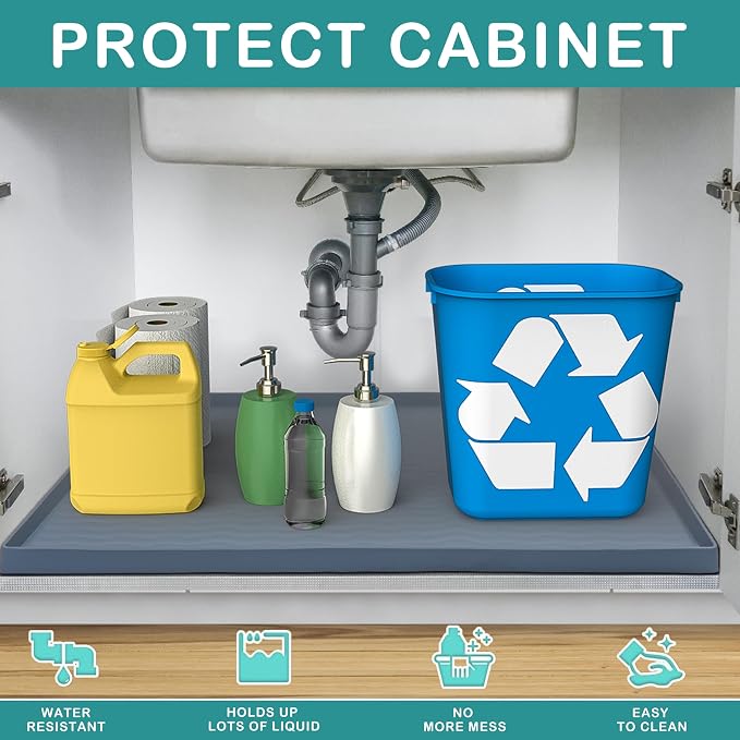 URMONA Waterproof Silicone Under Sink Mat 25'' x 22'' Shelf Liner for Kitchen and Bathroom, Cabinet and Counter Protector, Storage and Organizers, Litter Mat, Pet Cat Puppy Essentials(Dark Grey) - Image 2