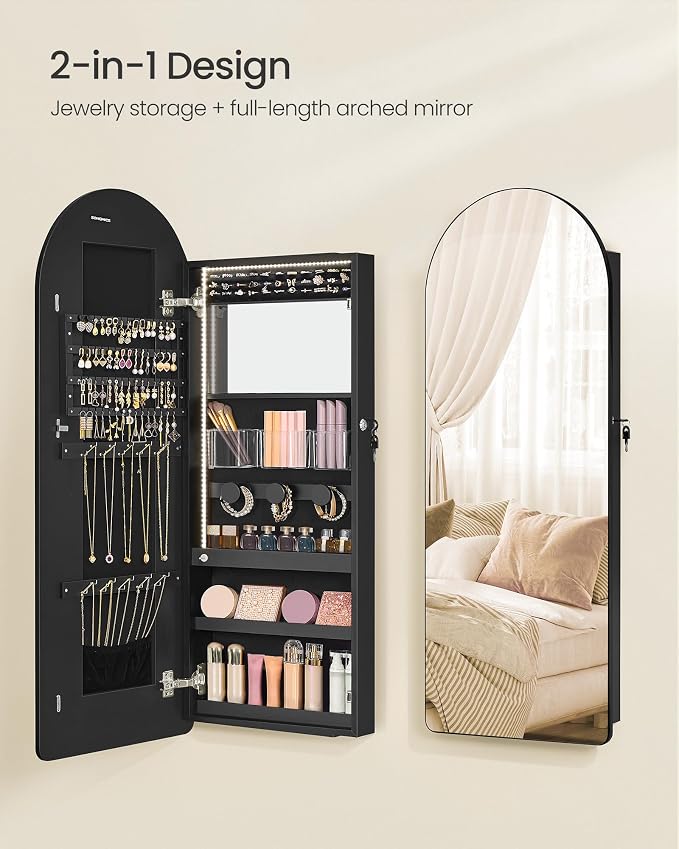 SONGMICS Wide Jewelry Organizer, Wall/Door Mounted, LED Cabinet, Lockable - Image 4
