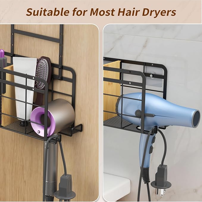 2 Pack Hair Tool Organizer - Hair Dryer Holder Wall Mounted/Cabinet Door - Adjustable Height Blow Dryer Holder - Curling Irons Storage with 2 Hooks (Black) - Image 6