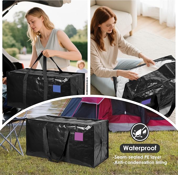 12 Pack Moving Bags with Full-Open Side Zipper, Extra Large 93L Heavy Duty Waterproof Foldable Storage Totes for College Dorm, Moving & Home Organization Black - Image 8