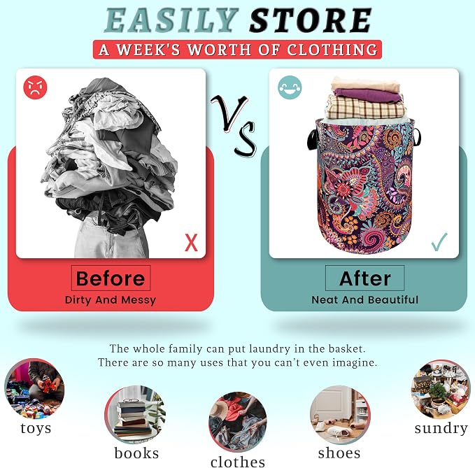 Mandala Paisley Laundry Basket Oxford Cloth Foldable Hamper 18.9x16.5 Inch - Image 3