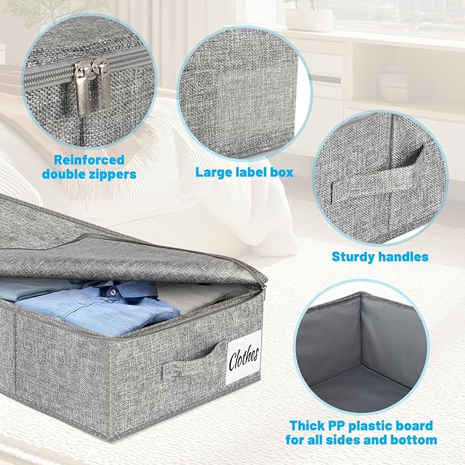 Under Bed Storage Container Bins 2 Pack, 5 Inch Thin Low Profile Underbed Clothes Storage Organizer for Dorm & Home, Use for Blanket and Toy Storage Box W/ Sturdy Bottom/Sides, Foldable Thick Fabric - Image 7