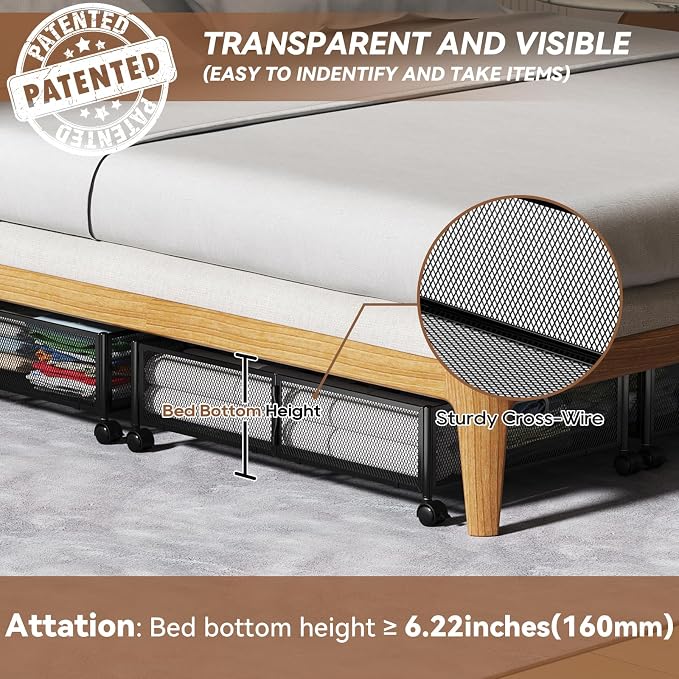 PHINOX Under Bed Storage with Wheels & Handle,Sturdy Metal,2 Pack,Black | Tool-free assembly, glide smoothly, easy reach, foldable, maxmazie low-profile beds, dorm, keep seasonal clothes, shoes fresh - Image 5