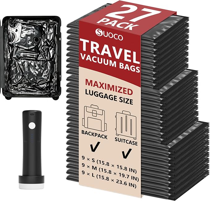 Travel Vacuum Bags for Clothing with Cordless Pump 27 Combo, Black | Compression Packing Cubes Organizer Storage for Luggage Suitcase, Space Saver Seal Bags for Vacation Cruise by SUOCO