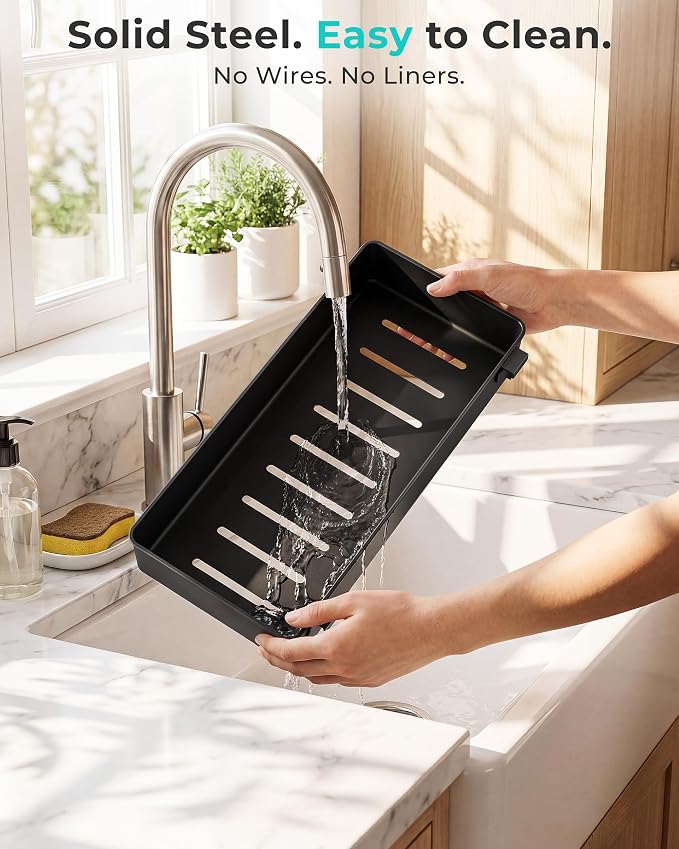 EVERIE Height Adjustable 2 Tier Metal Pull Out Slide Shelf Organizer for Under Sink Cabinets in Kitchen, Bathroom, with Snap-on Top Tray, 16" Deep (Black, 2 Sets) - Image 5