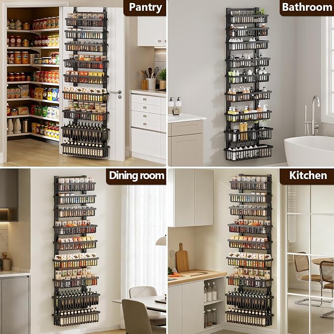 POKIPO 9 Tier Over The Door Pantry Organizer, 2 in 1 Wall Mount or Hanging Spice Rack with Adjustable Deep Basket, Heavy-Duty Seasoning Organizer and Storage for Kitchen Cabinet Closet Bathroom - Image 9
