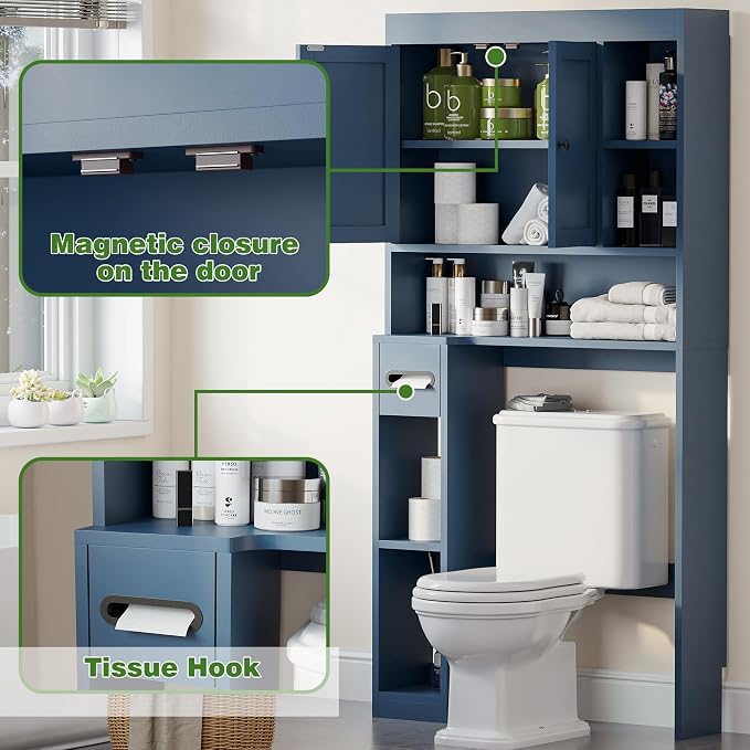 Over The Toilet Storage Cabinet with 7 Shelves, Imitation Walnut Grain Above Toilet Bathroom Organizer with Toilet Paper Holder Stand, Space Saver for Restroom, Laundry, Bathroom (Navy Blue) - Image 6