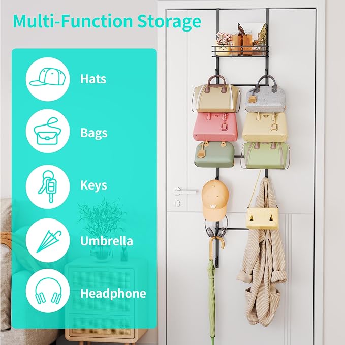 HapiRm Over the Door Purse Organizer - Wall Mounted Purse Rack with 16 Hooks and Metal Basket, Hanging Handbag Organizer Holds up to 16 Bags, Bag Rack Can Use As 1/2 Part, for Door, Closet (Black) - Image 5