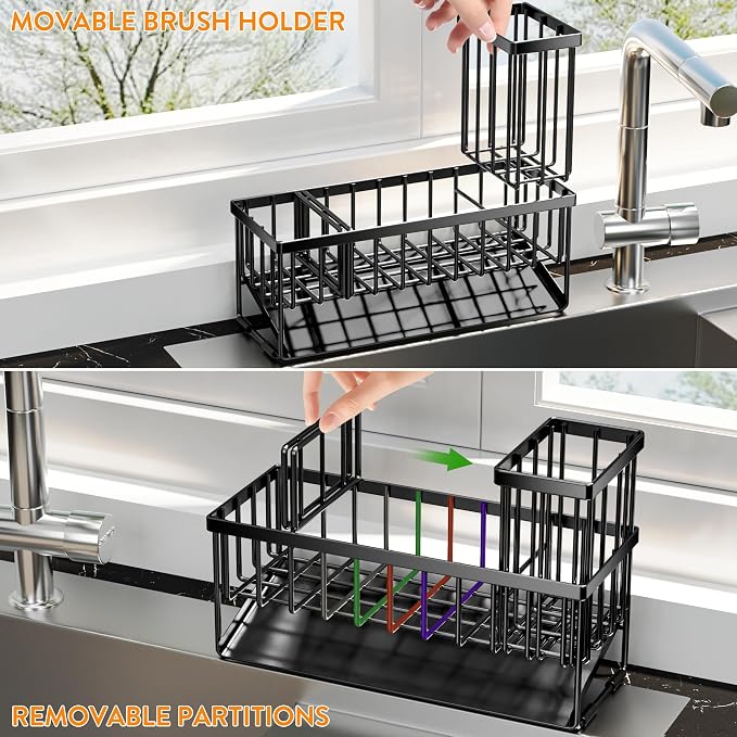 Cisily Extra Large Kitchen Sink Caddy Organzier with High Brush Holder, Sponge Holder for Sink, 304 Rustproof Stainless, Kitchen Countertop Soap Dispenser Organizer For Decor and Accessories - Image 4